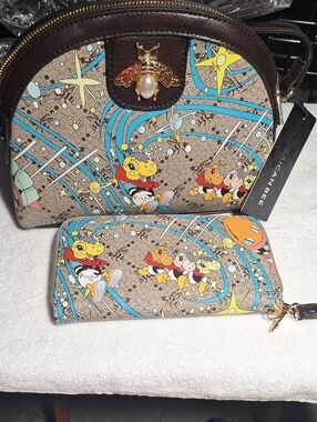 Brown Cartoon Print Dome Crossbody Bag with Matching Wallet